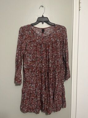 Women's Rust Floral Long-Sleeve Tiered Dress